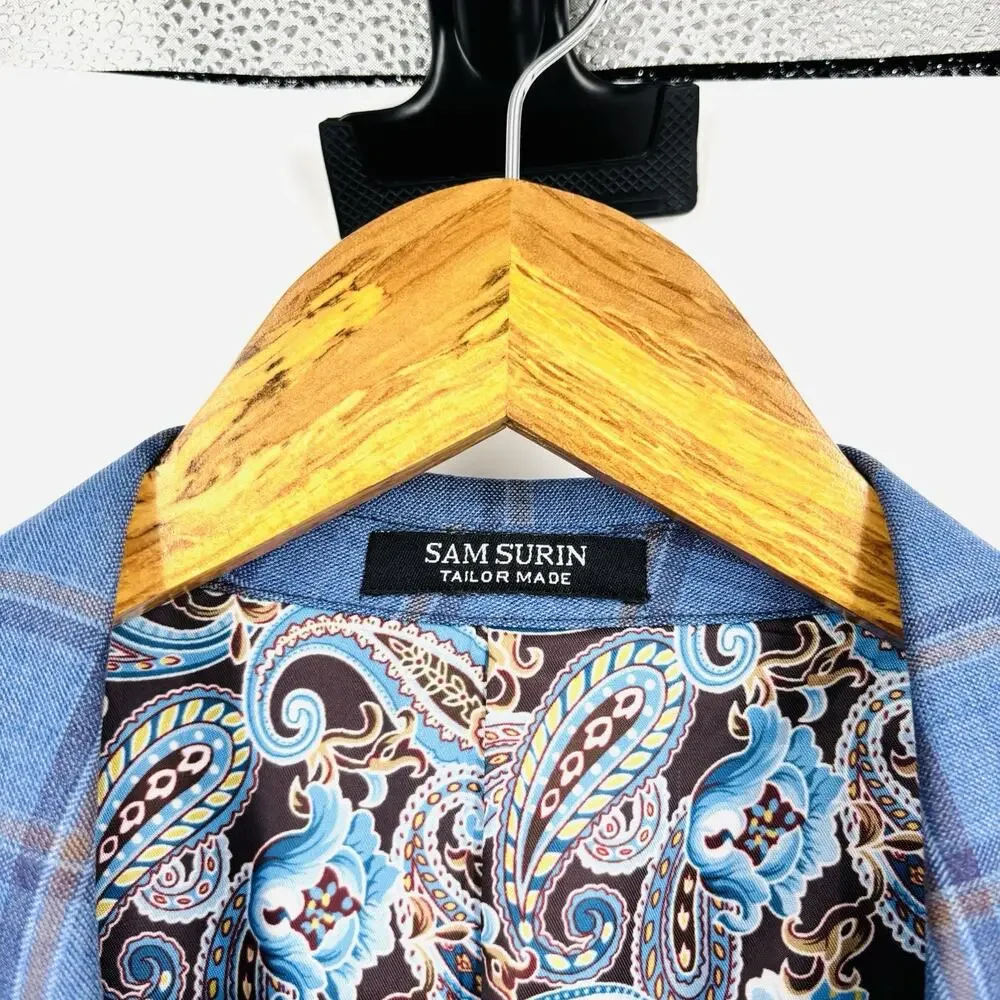 Sam Surin Blazer Jacket 2 Button Blue Plaid Size 50L Biella Italy Wool Fabric